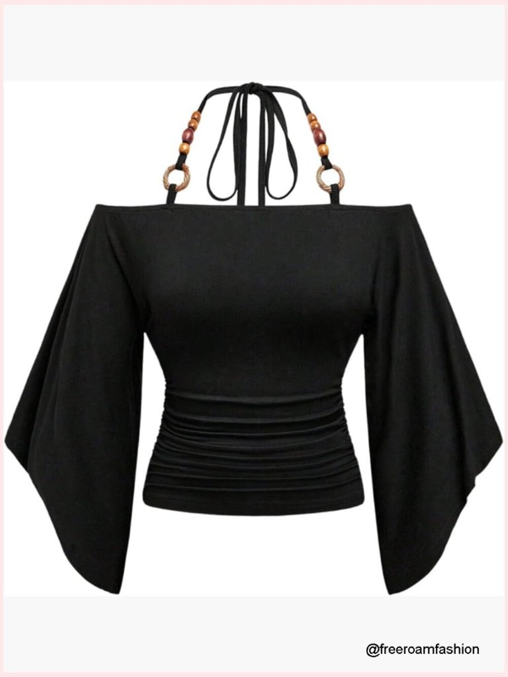 Off Shoulder Halter Top Cinched Waist Flare Sleeve Ruched Fitted Tee
